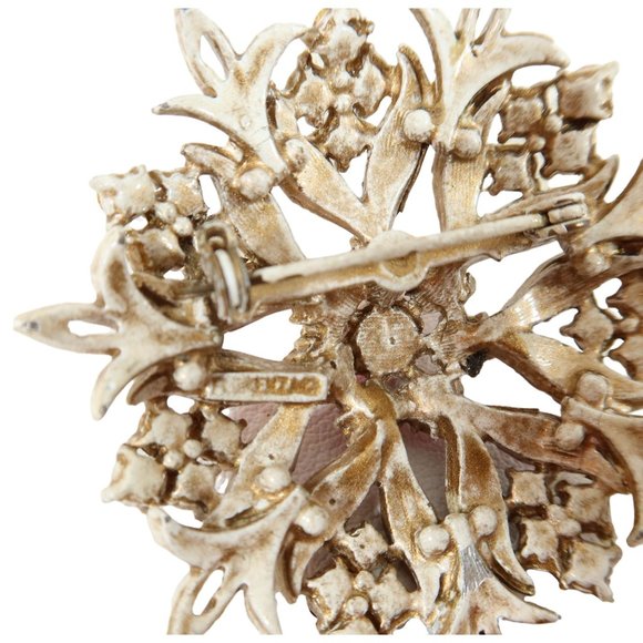 Vintage FLORENZA Pink Rhinestone Gold Tone Antiqued Enamel Flower Brooch - Picture 5 of 5